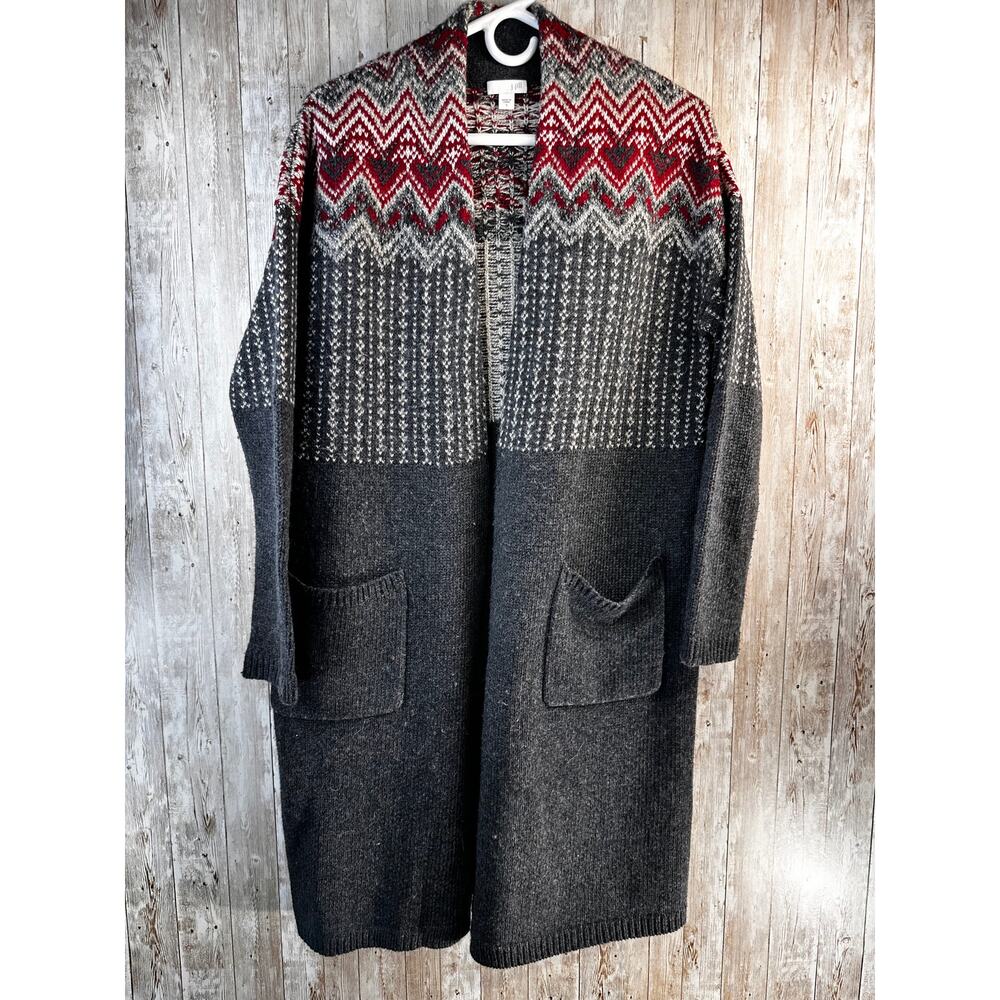 J. Jill Newbury Longline Cardigan Woemens S Gray Red Fair Isle Wool Blend Topper
